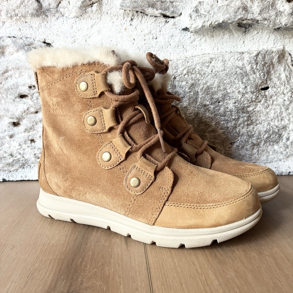 Sorel Explorer Joan Waterproof Suede Winter Lace Up Boots Camel Tan Womens 7
